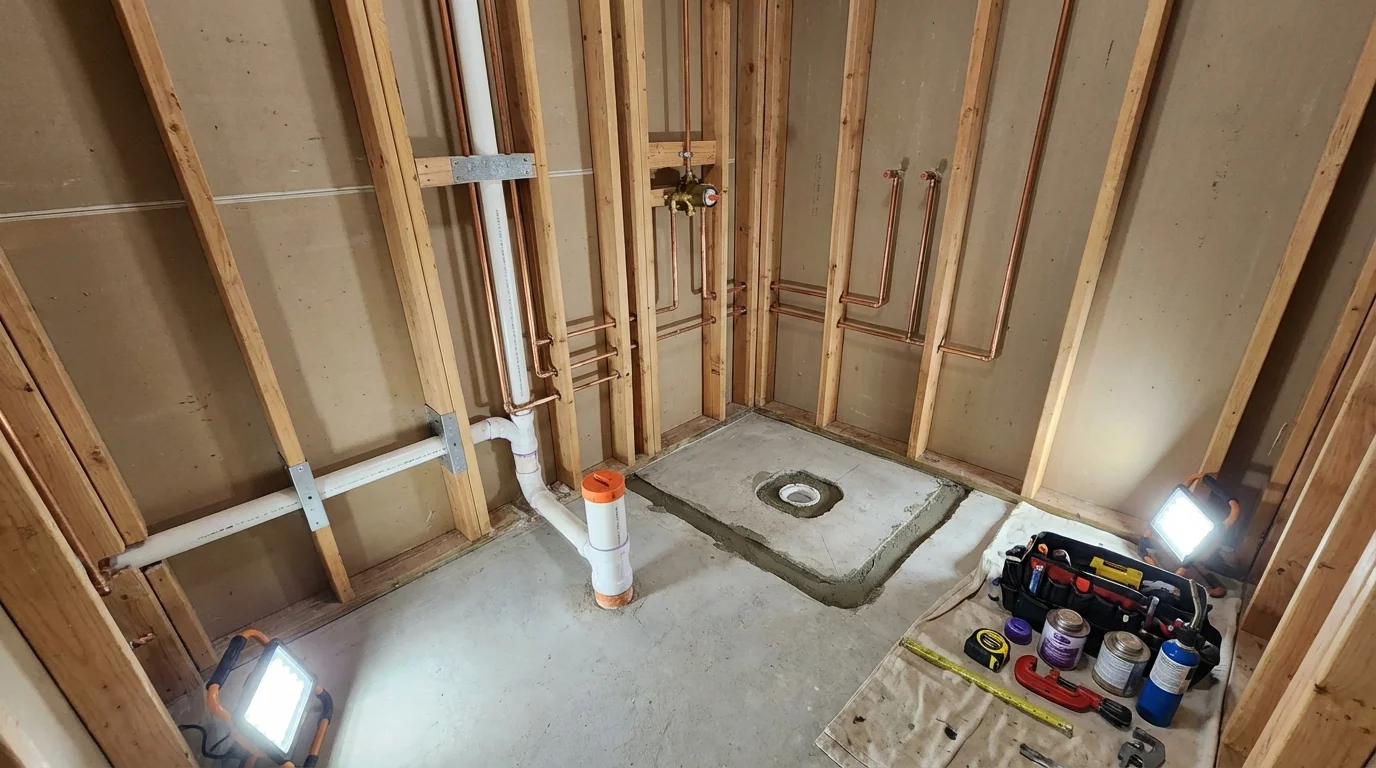 Bathroom rough-in plumbing during remodel by Johns Plumbing LLC in Berino