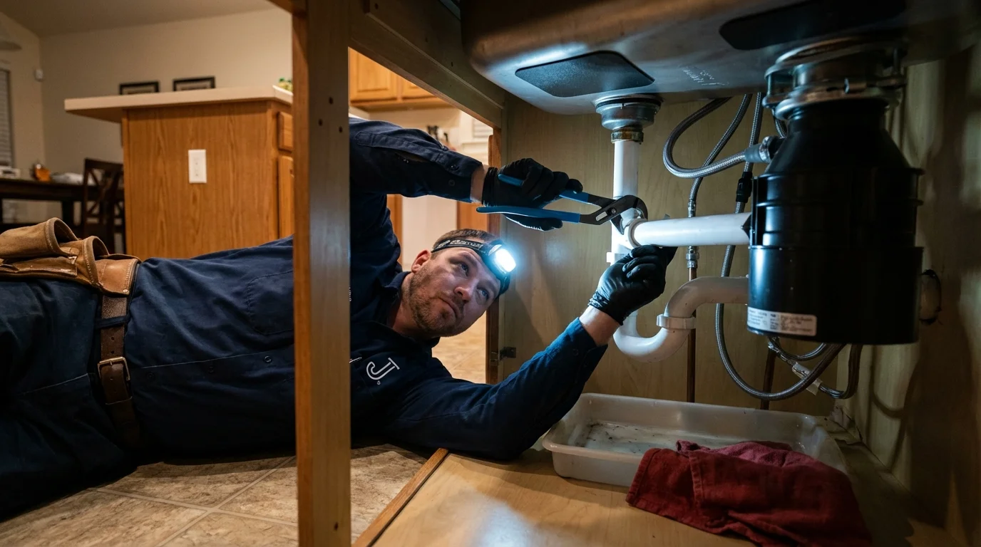 P-trap and supply line connections under a kitchen sink showing a common leak point in Berino, NM